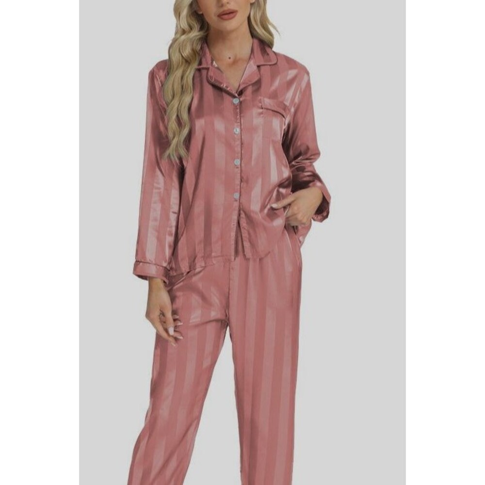 Womens S Dusty Pink Silky Satin Pajama Set ButtonUp Long Sleeve Shirt Pants 2pc